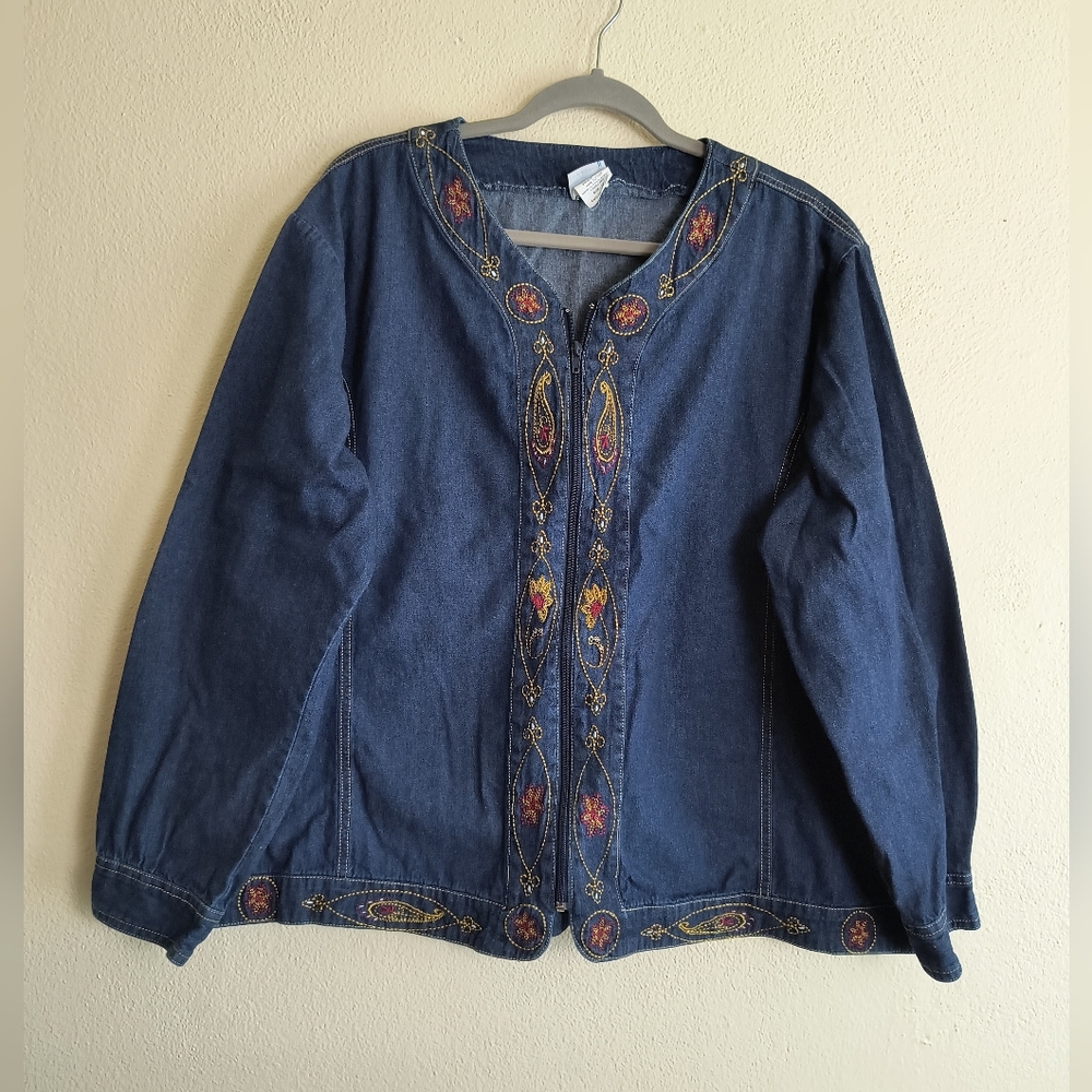 Adrian Delafield for Haband Blue Embroidered Jean Jacket 3X Boho Zip Up